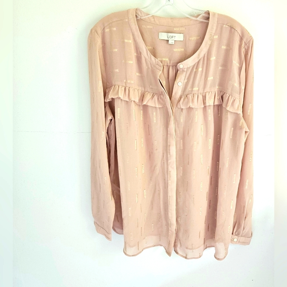 LOFT Blush Ruffle Blouse Gold Metallic